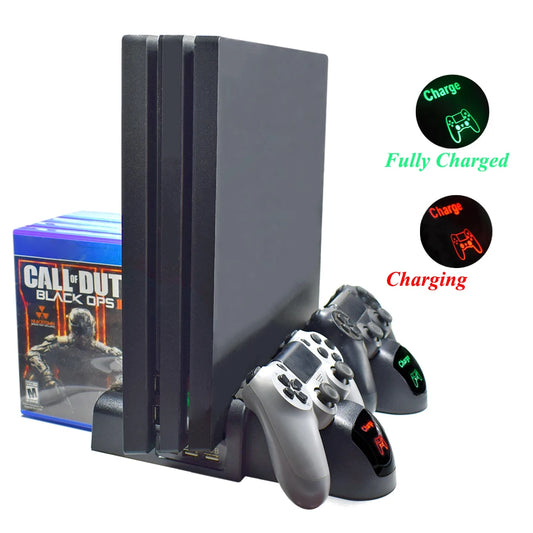 PS4 Stand Cooling Fan Station for Playstation 4/Slim/Pro with Dual Controller EXT Port Charger Dock Station and 10 Game Slots