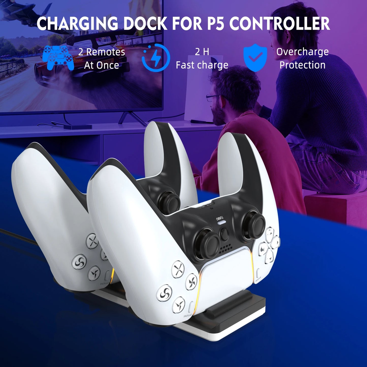 The charger is suitable for PS5 game controllers, supports 2 PS5 controllers to charge, with charging indicator/USB cable